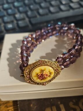 Glass Purple Beaded Floral Cabochon Bracelet